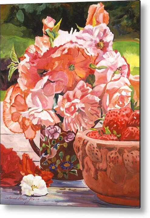 Still Life Metal Print featuring the painting Strawberries And Flowers by David Lloyd Glover