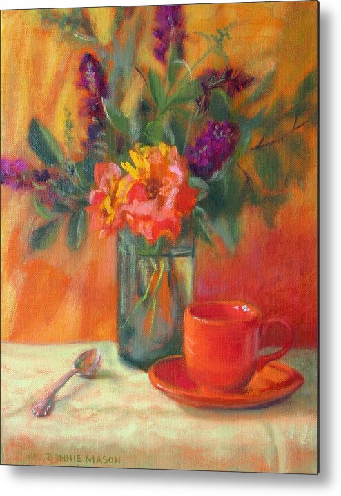 Oval Metal Print featuring the painting Summer Song- Orange Roses and Butterfly Bush Blooms by Bonnie Mason