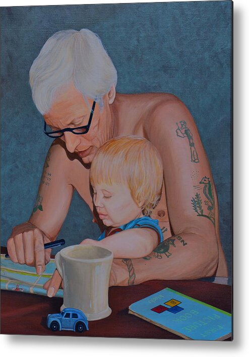 Father And Son Metal Print featuring the painting Sunday Paper by AnnaJo Vahle