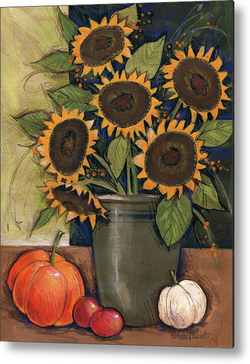 Autumn Metal Print featuring the painting Sunflower Crock by Anne Tavoletti