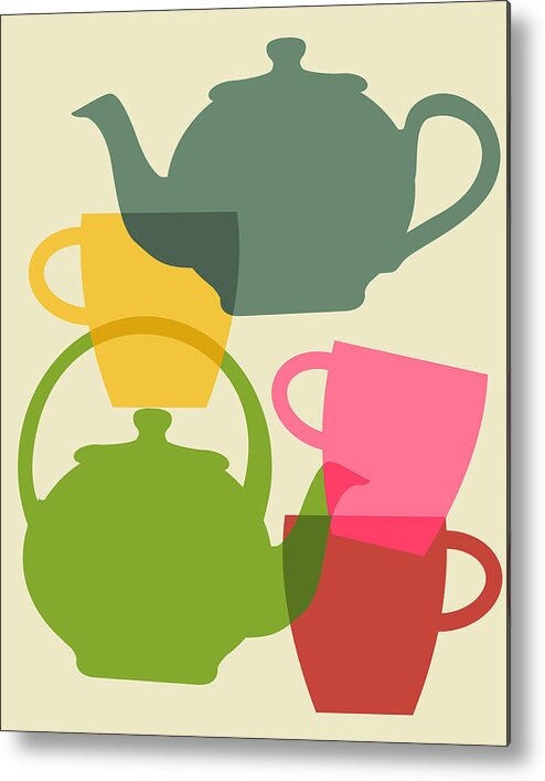  Metal Print featuring the digital art Teapot And Teacups by Ramneek Narang