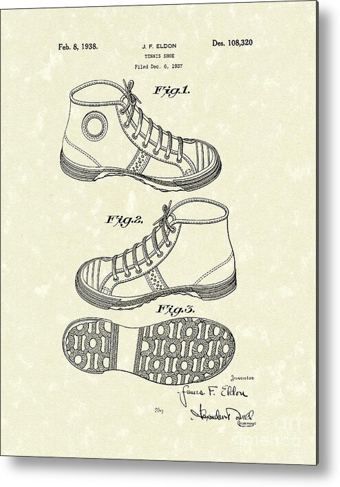 Eldon Metal Print featuring the photograph Tennis Shoe 1938 Patent Art by Prior Art Design