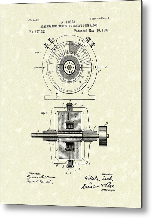 Tesla Metal Print featuring the drawing Tesla Generator 1891 Patent Art by Prior Art Design