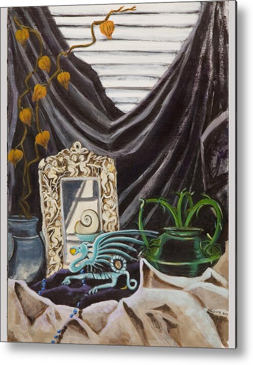 Susan Culver Unusual Still Life Painting Metal Print featuring the painting The blue dragon by Susan Culver