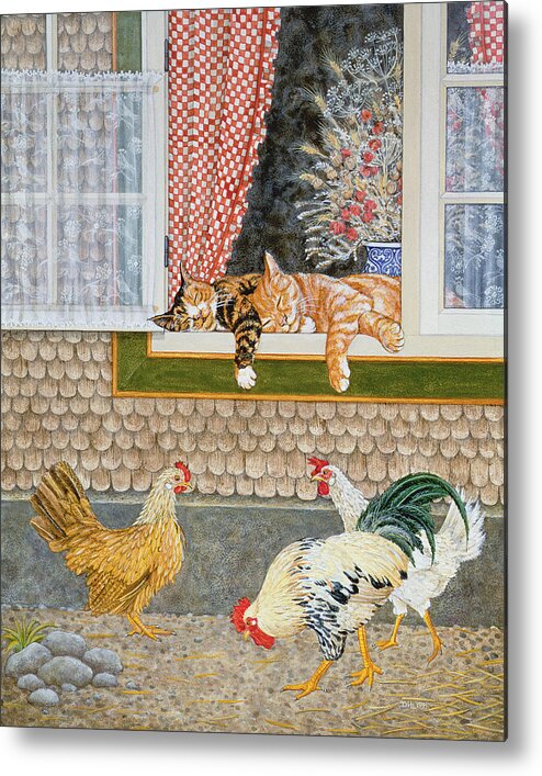 Chicken Cat Bantam Cockerel Metal Print featuring the photograph The Fowl And The Pussycats by Ditz