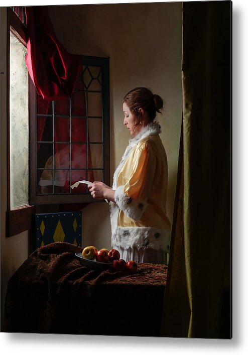 Dutch Golden Age Metal Print featuring the photograph Woman Reading a Letter at an Open Window by Levin Rodriguez