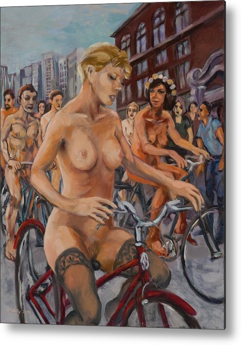 Girl Metal Print featuring the painting Bridget with naked riders in suburban street. by Peregrine Roskilly