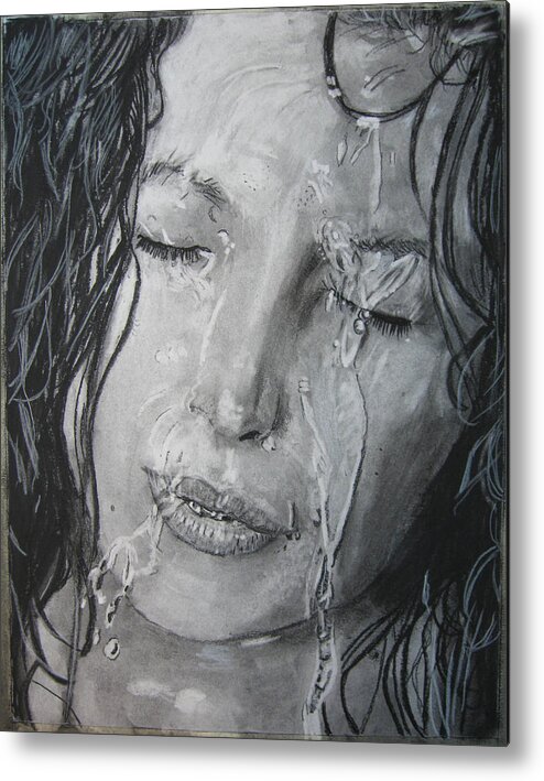 Female Metal Print featuring the drawing The Shower by Mike Benton