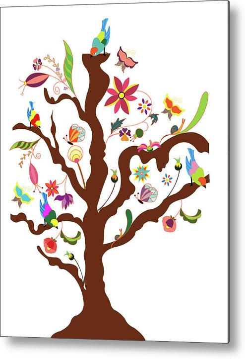 White Background Metal Print featuring the digital art The Tree Of Flowers And Birds by Simona Dumitru