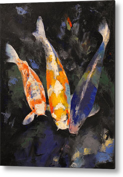 Abstract Metal Print featuring the painting Three Koi Fish by Michael Creese