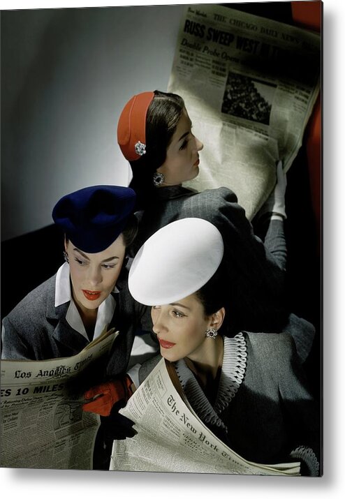 Accessories Metal Print featuring the photograph Three Models Wearing Assorted Hats by Horst P. Horst