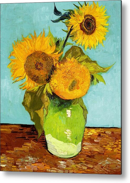 Van Gogh Metal Print featuring the painting Three Sunflowers In A Vase by Vincent Van Gogh