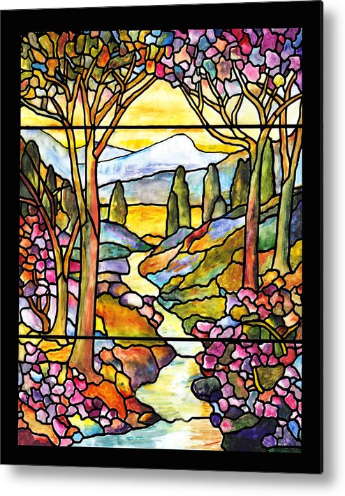 Stained Glass Paintings Metal Print featuring the painting Tiffany Landscape Window by Donna Walsh