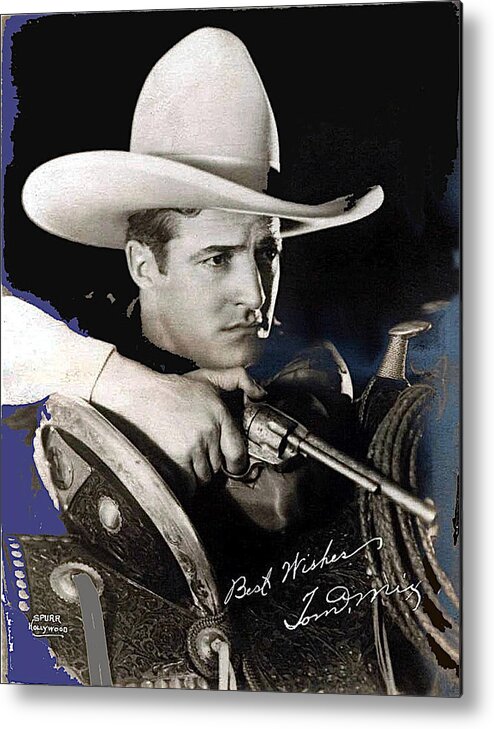 Tom Mix Portrait Melbourne Spurr Hollywood California C.1925 Color Added Autographed By Mix Gun Saddle Rope John Barrymore Buster Keaton Douglas Fairbanks Mary Pickford Metal Print featuring the photograph Tom Mix portrait Melbourne Spurr Hollywood California c.1925-2013 by David Lee Guss