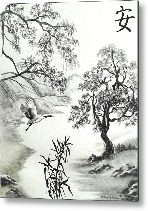Asian Landscape Art Metal Print featuring the drawing Tranquility w Kona Moringa by Melodye Whitaker