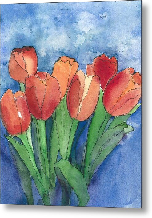 Red And Orange Tulips Metal Print featuring the painting Tulips After the Rain by Maria Hunt