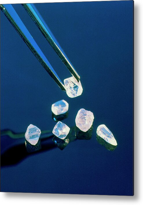 Diamond Metal Print featuring the photograph Tweezers With Rough Cut Diamonds by Sam Ogden/science Photo Library