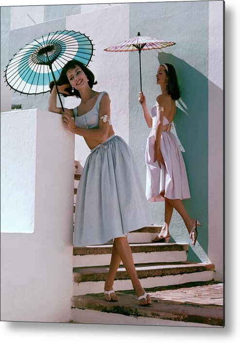 Fashion Metal Print featuring the photograph Two Models Posing With Parasols by Frances Mclaughlin-Gill