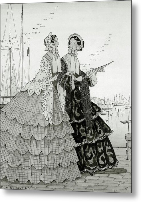 Costume Metal Print featuring the digital art Two Women Wearing Large Dresses With Hoop Skirts by Claire Avery