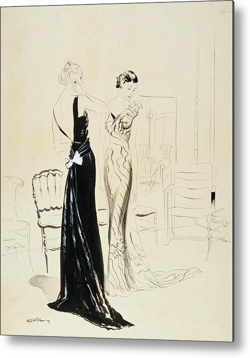 Illustration Metal Print featuring the digital art Two Young Women Wearing Schiaparelli Evening by Rene Bouet-Willaumez