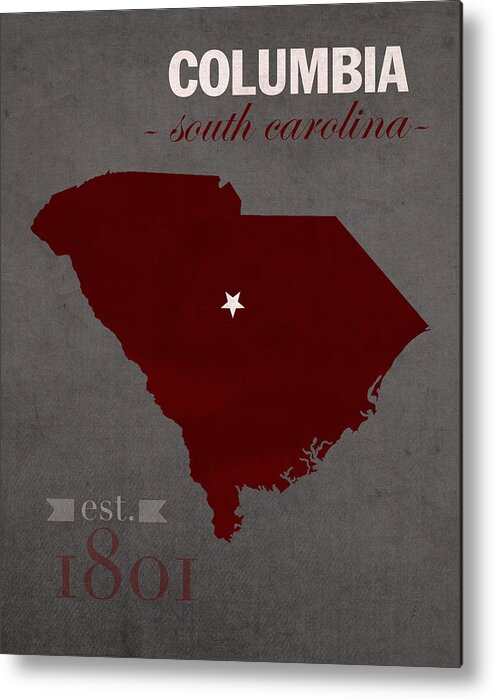 University Of South Carolina Metal Print featuring the mixed media University of South Carolina Gamecocks Columbia College Town State Map Poster Series No 096 by Design Turnpike