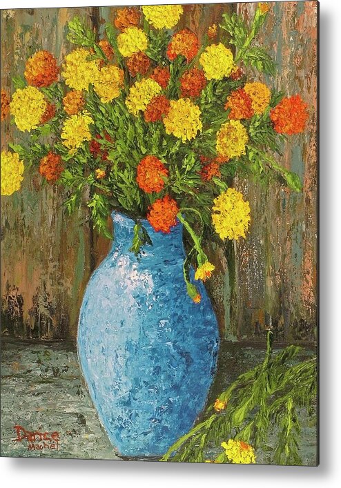 Impressionistic Metal Print featuring the painting Vase of Marigolds by Darice Machel McGuire
