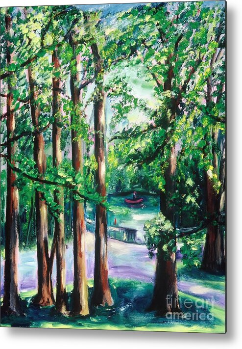 Oil Painting Metal Print featuring the painting View of Woodside Lake by Karen Francis