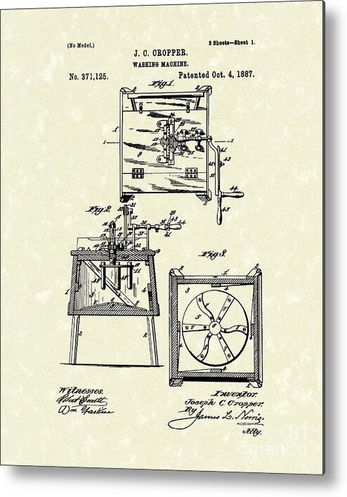 Cropper Metal Print featuring the drawing Washing Machine 1887 Patent Art by Prior Art Design