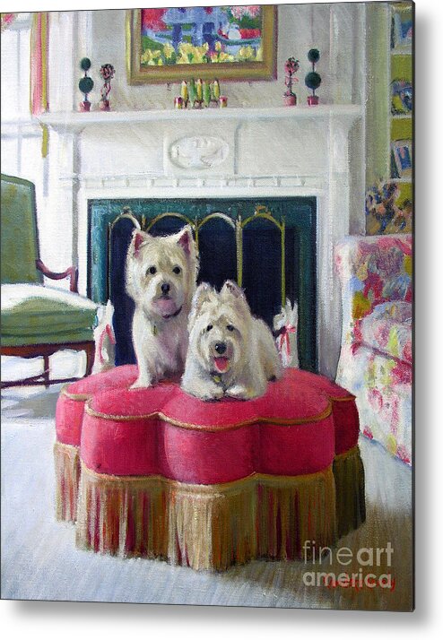 Dogs Metal Print featuring the painting Westies in the Living Room by Candace Lovely