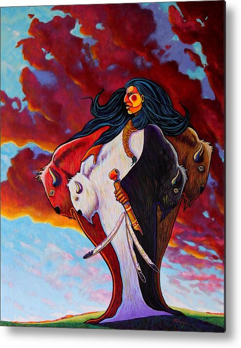 Native American Metal Print featuring the painting When The White Buffalo Woman First Appeared by Joe Triano