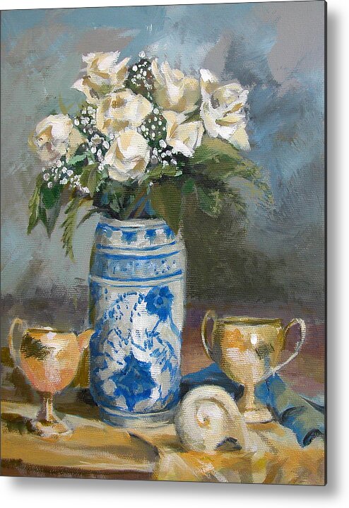 Roses Metal Print featuring the painting White Roses by Synnove Pettersen