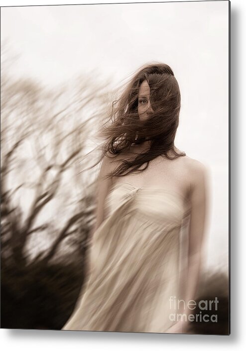 Caucasian; Woman; Lady; Female; Outside; Outdoors; Storm; Stormy; Wind; Windy; Blur; Blurred; Blurry; Horror; Scary; Mysterious; Mystery; Foreboding; Hair; Long Hair; Brunette; Dress; Gold; Strapless; Haunted; Scared; Terror; Trees; Autumn; Spring; Branches Metal Print featuring the photograph Windy by Margie Hurwich