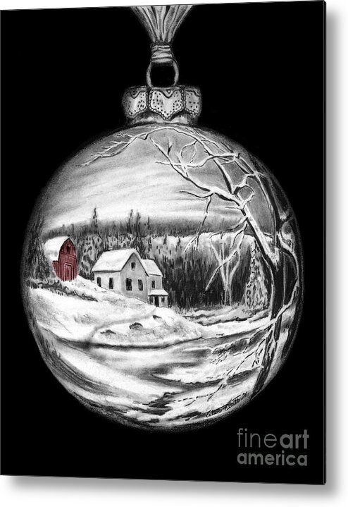 Christmas Cards Art Metal Print featuring the drawing Winter Scene Ornament Red Barn by Peter Piatt