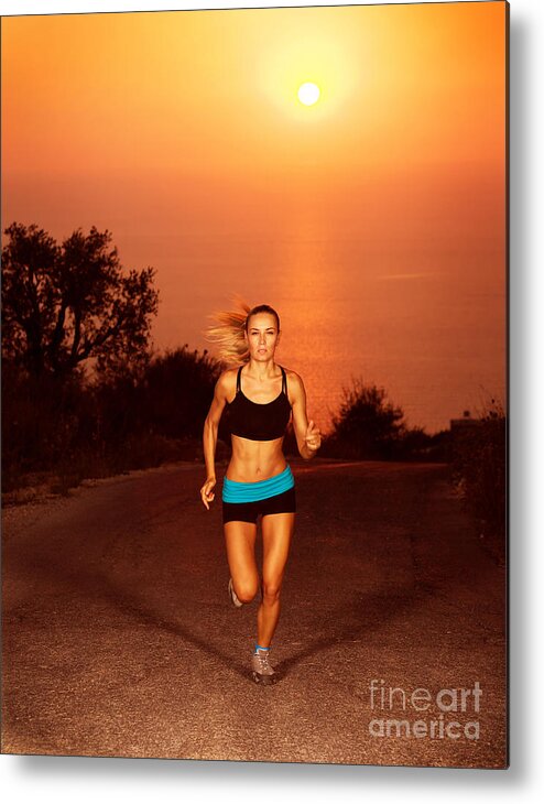 Active Metal Print featuring the photograph Woman run along the road by Anna Om