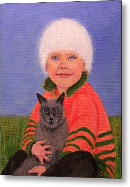 Paintings Metal Print featuring the painting Young Boy and Geriatric Kitty by Janet Greer Sammons