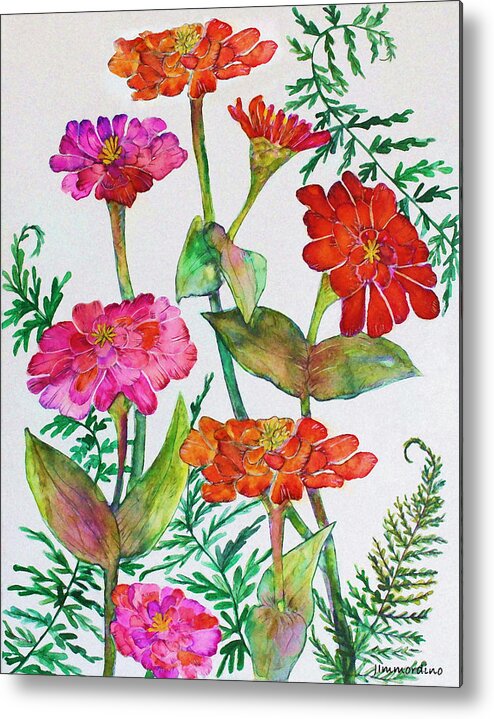 Zinnia Metal Print featuring the painting Zinnia and Ferns by Janet Immordino