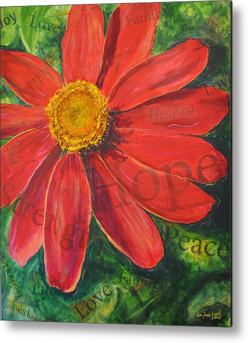 Red Zinnia Metal Print featuring the painting Zinnia of Hope by Lisa Jaworski