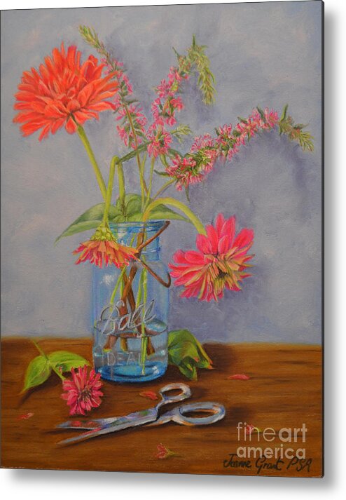 Zinnia Metal Print featuring the painting Zinnias from the Garden by Joanne Grant