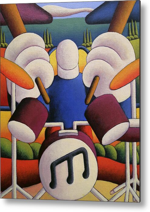  Rock Drummer In Soft Landscape With Lake And Trees Metal Print featuring the painting STIX  Rock Drummer  by Alan Kenny