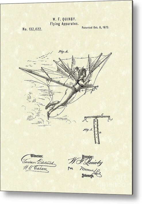 Quinby Metal Print featuring the drawing Flying Apparatus 1872 Patent Art #1 by Prior Art Design