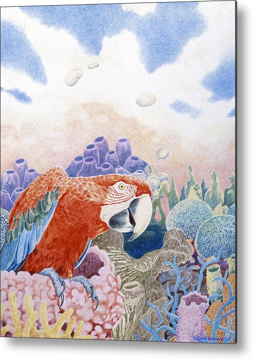 A Red Parrot Surrounded By Surreal Landscape Of Corals And Sponges Metal Print featuring the painting Astarte's Paradise Seven by Kyra Belan