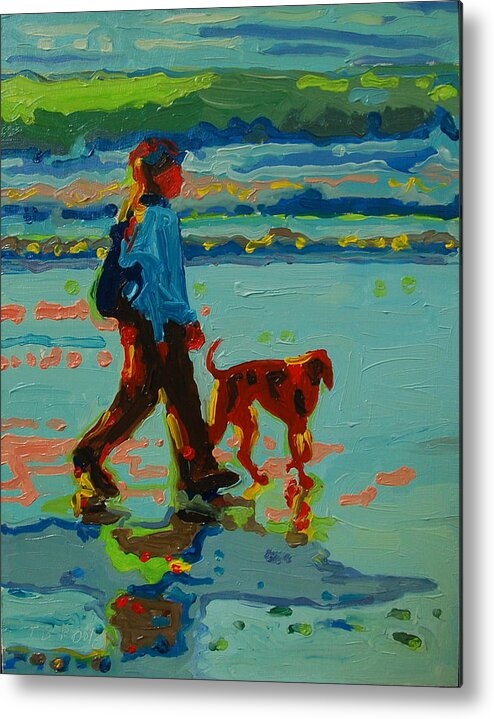 Carmel Beach Sunset Dog Walk Blue And Light Green And Rust Colors Reflections In Water Backlit Silhouette Metal Print featuring the painting Carmel Beach Sunset Dog Walk by Thomas Bertram POOLE