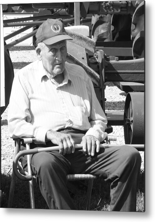 An Elderly Gentlemen Sitting By His Tracotr On A Hot Summer Day. Metal Print featuring the photograph Farmer by Ralph Hecht