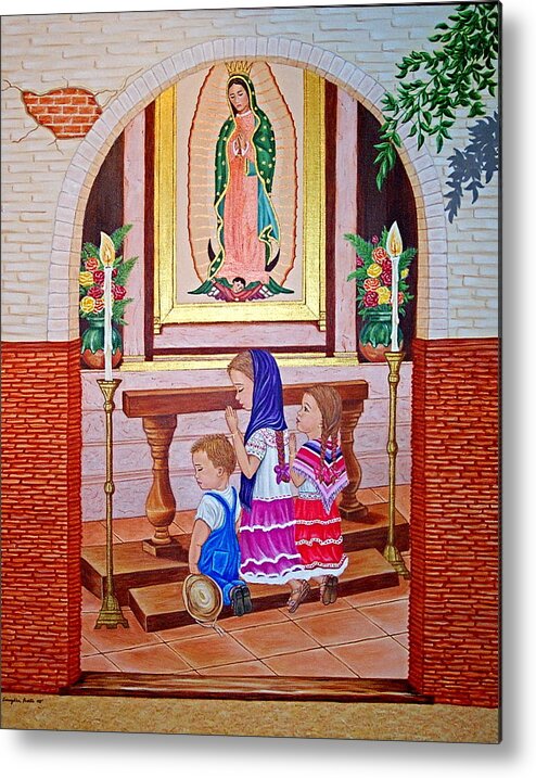 Guadalupe Y Ninos Metal Print featuring the painting Guadalupe y ninos by Evangelina Portillo