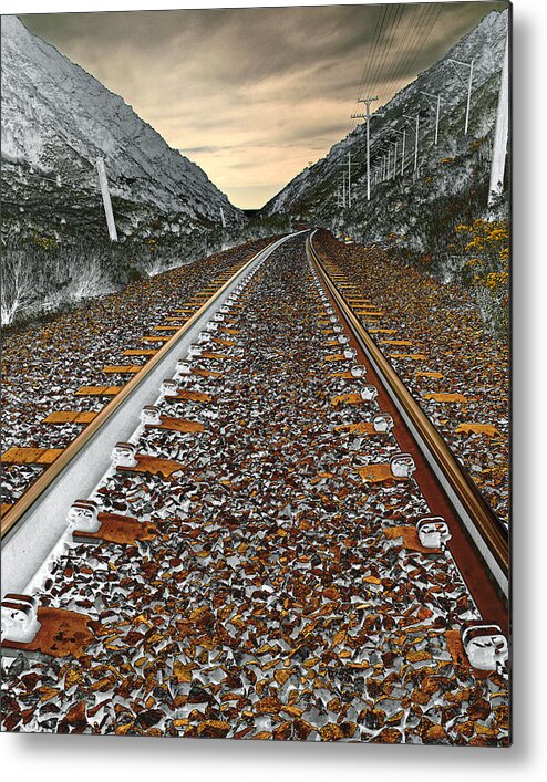 Mixed Media. Mixed Media Photography. Mixed Media Train Track Photography. Train Tracks Photography. Train Track Greeting Cards. Digtal Abstact Photography. Abstact Digtal Art. Abstact Greeting Cards. Mountain Photography. Abstact Wall Art. Cloudy Sky Photography. Metal Print featuring the photograph Mountain Tracks by James Steele