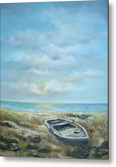 Ocean Metal Print featuring the painting Old boat beached by Katalin Luczay