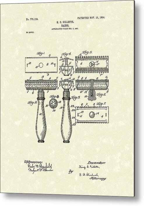 Gillette Metal Print featuring the drawing Razor 1904 Patent Art by Prior Art Design