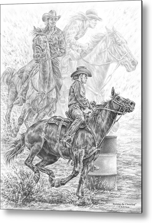 Horse Metal Print featuring the drawing Running the Cloverleaf - Rodeo Barrel Race Print by Kelli Swan