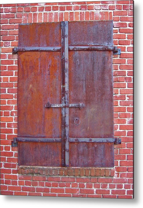 Sealed Steel Door Brick Building Metal Print featuring the photograph Sealed by Laurie Stewart