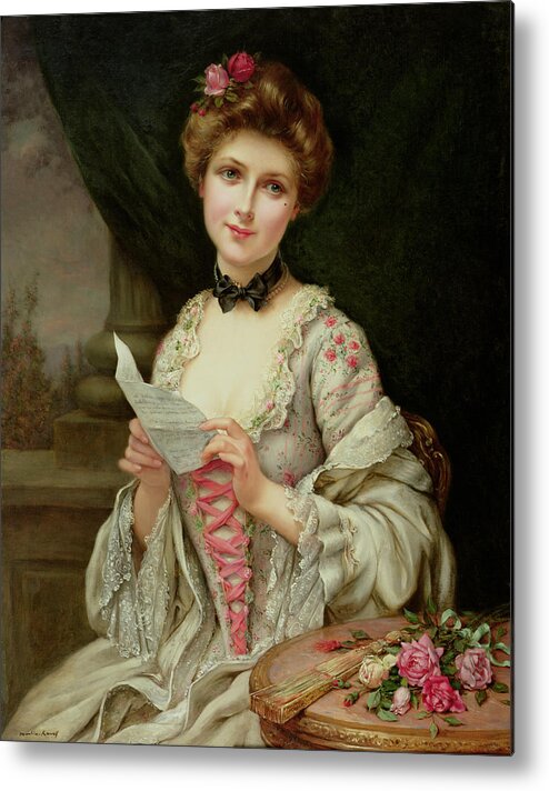 Billet Doux; Female; Seated; Sitting; Roses; Fan; Black Bow; Wistful; Pretty; Costume; Dress; Beauty; Jewellery; Jewelry; In Love; Valentine; Beauty Metal Print featuring the painting The Love Letter by Francois Martin-Kayel